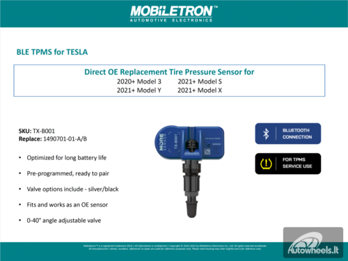 TPMS TESLA Bluetooth padangų oro slėgio daviklis MOBILETRON MoreSensor BLE TX-B001 1490701-01-A/B