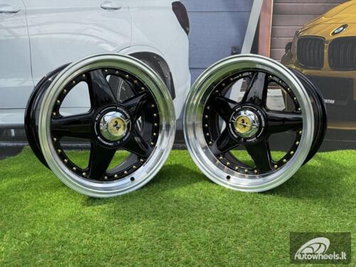 Ratlankis Ferrari Azev Type A Style R17X10J 5X112/5X120 ET15 72.6 Gloss Black with Diamond cut lip and gold Rivets