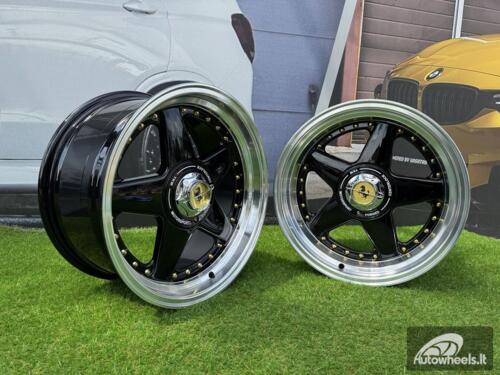  Ratlankis Ferrari Azev Type A Style R17X10J 5X112/5X120 ET15 72.6 Gloss Black with Diamond cut lip and gold Rivets