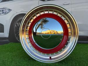 Ratlankis Smoothie Classic Style R17X7.5J 5X100/5X112 ET30 73.1 Red with Diamond cut lip and gold rivets wheel